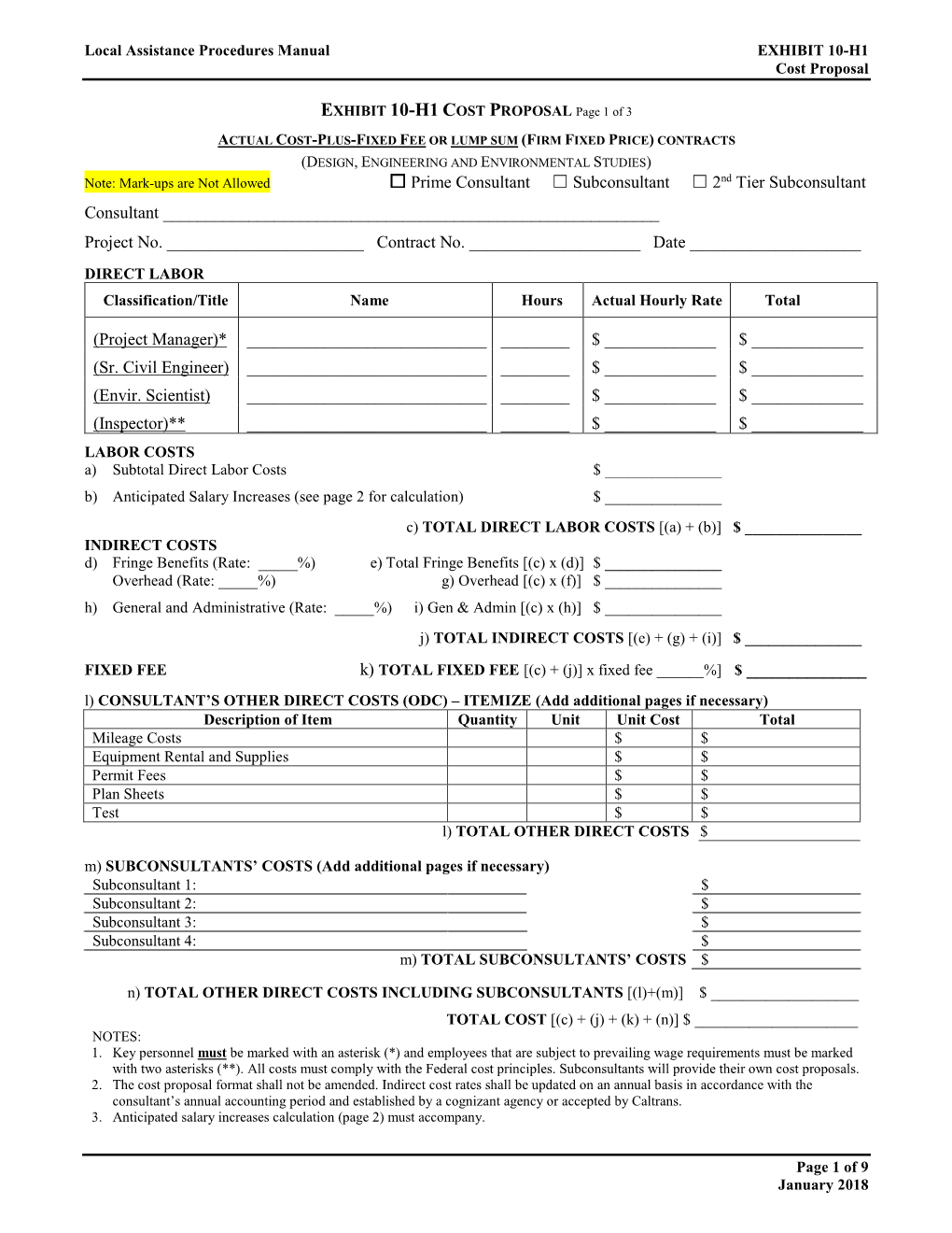 EXHIBIT 10-H1 COST PROPOSAL Page 1 of 3