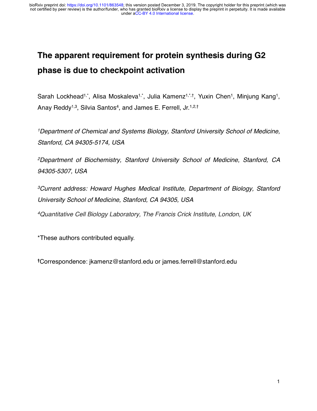 The Apparent Requirement for Protein Synthesis During G2 Phase Is Due to Checkpoint Activation