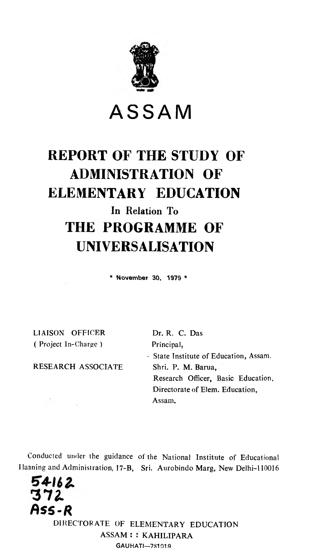 Report of the Study of Administration of Elementary Education the Programme of Universalisation 3 7 Jl