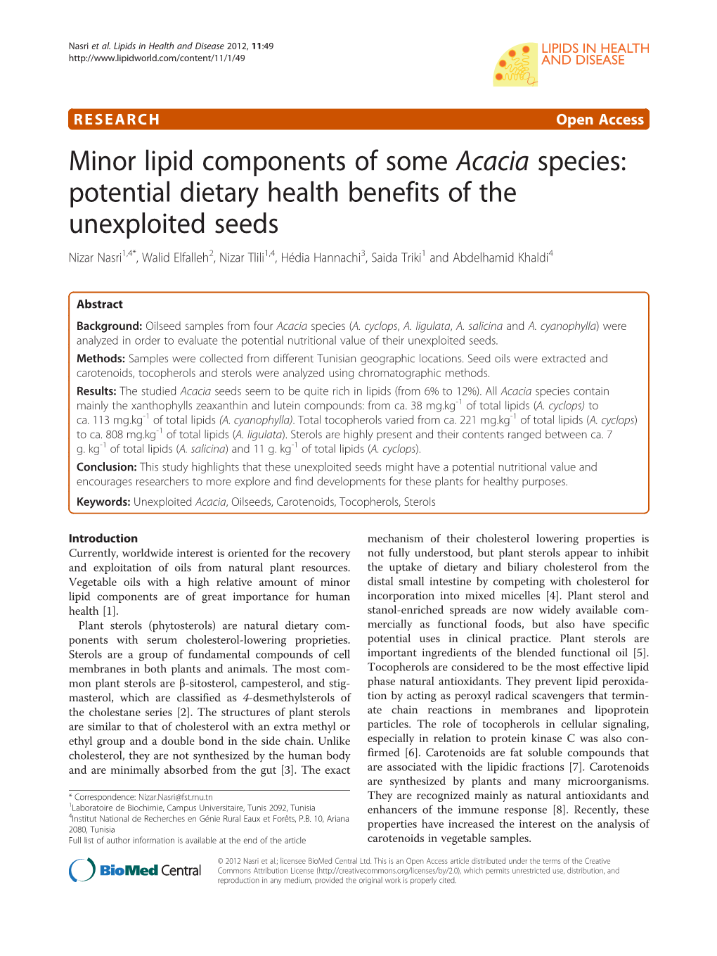 Minor Lipid Components of Some Acacia Species: Potential Dietary