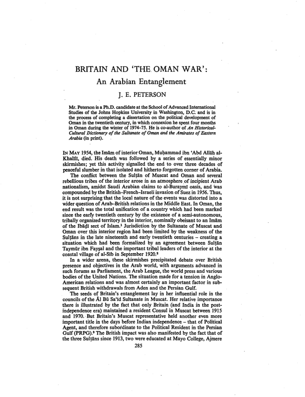 BRITAIN and 'THE OMAN WAR': an Arabian Entanglement J