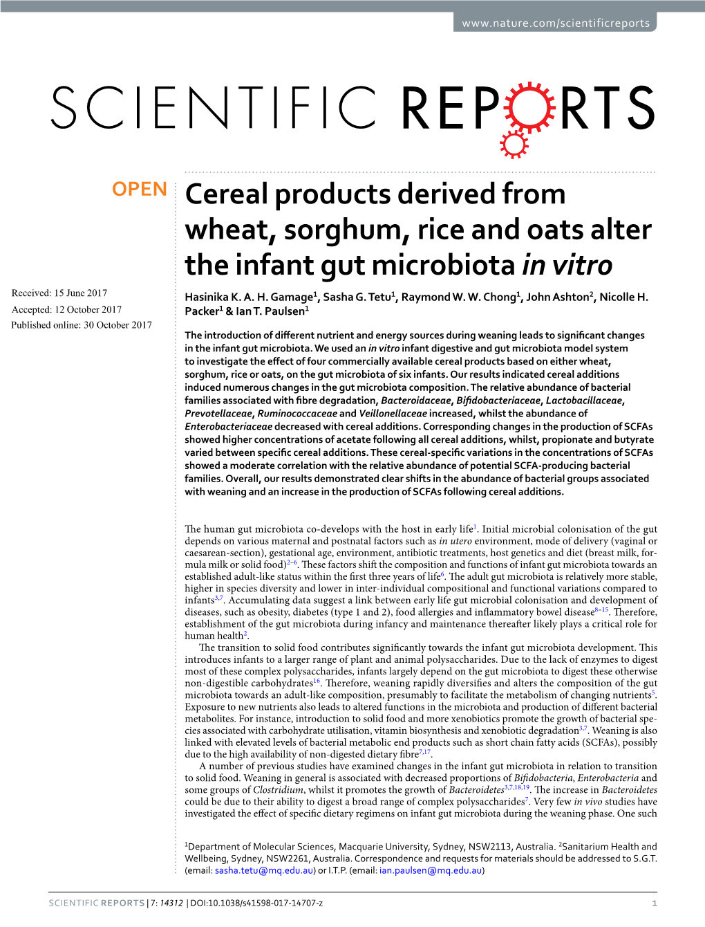 Cereal Products Derived from Wheat, Sorghum, Rice and Oats Alter the Infant Gut Microbiota in Vitro Received: 15 June 2017 Hasinika K