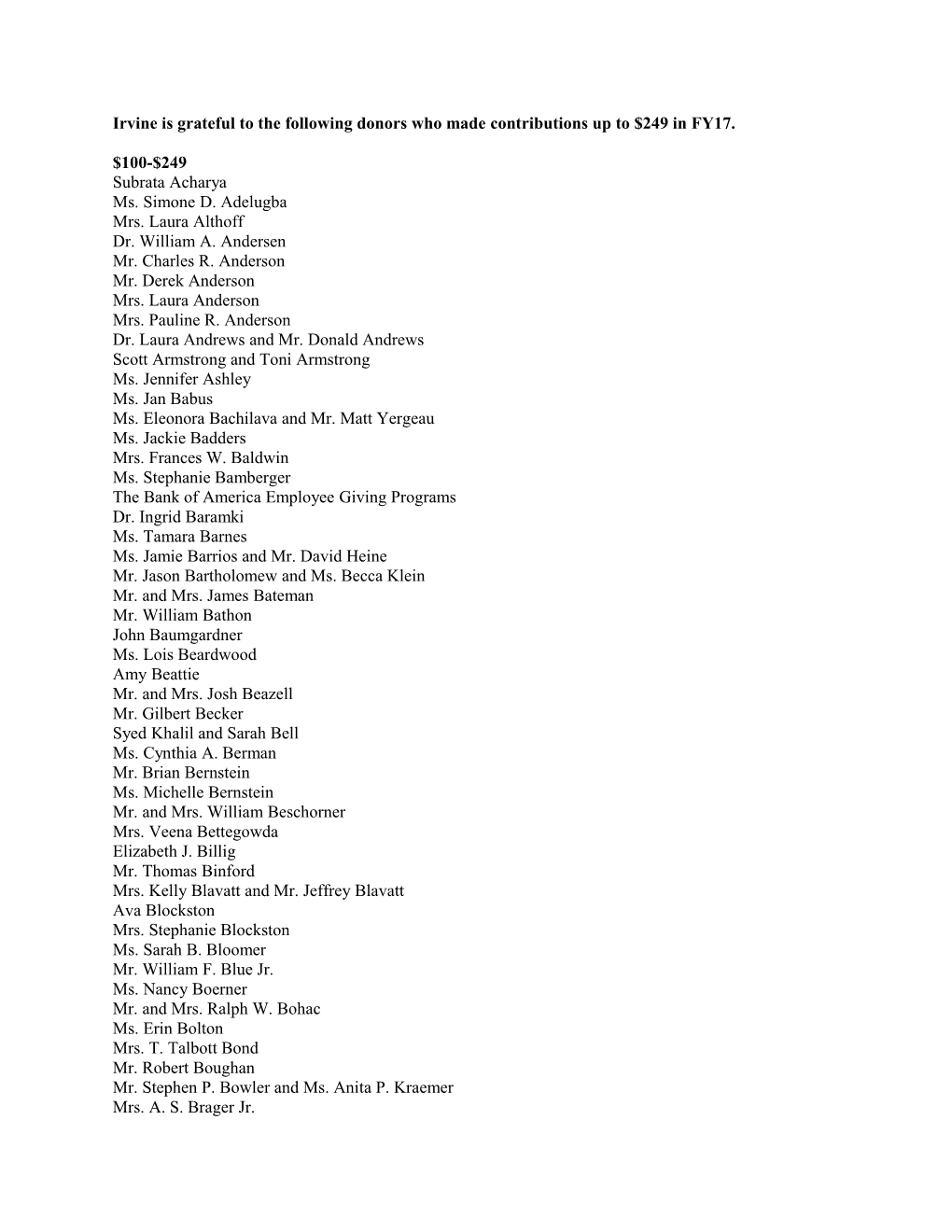 Irvine Is Grateful to the Following Donors Who Made Contributions up to $249 in FY17