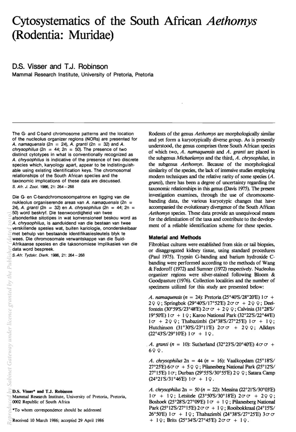 Cytosystematics of the South African Aethomys (Rodentia: Muridae)