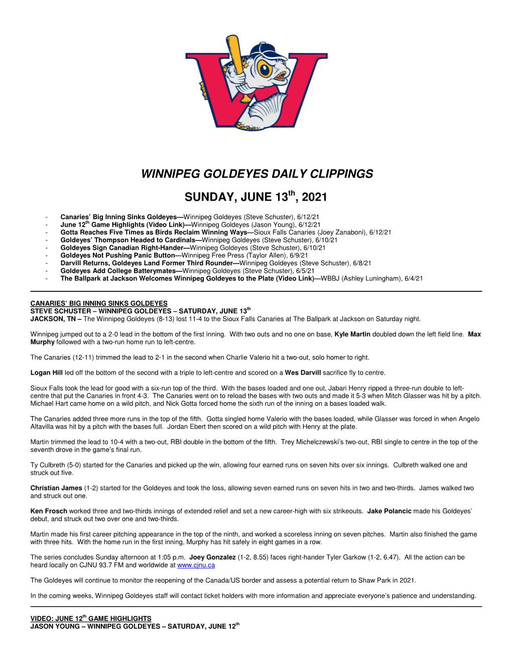 Winnipeg Goldeyes Daily Clippings Sunday, June 13