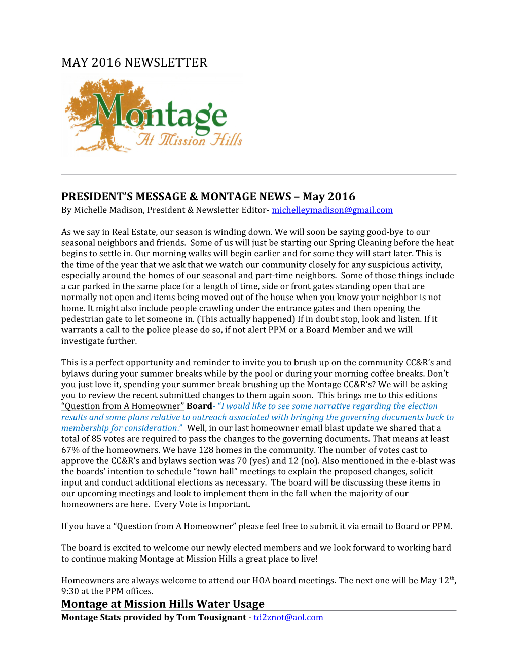 PRESIDENT S MESSAGE & MONTAGE NEWS May 2016