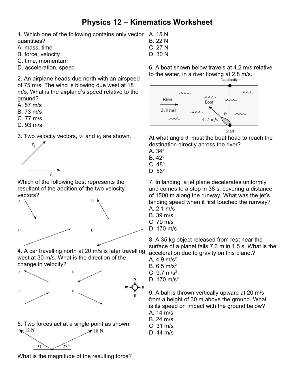 Physics 12 Kinematics Worksheet