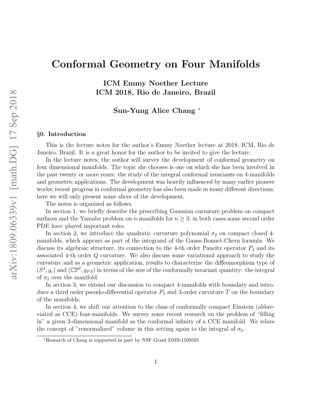 Arxiv:1809.06339V1 [Math.DG] 17 Sep 2018 Conformal Geometry on Four Manifolds