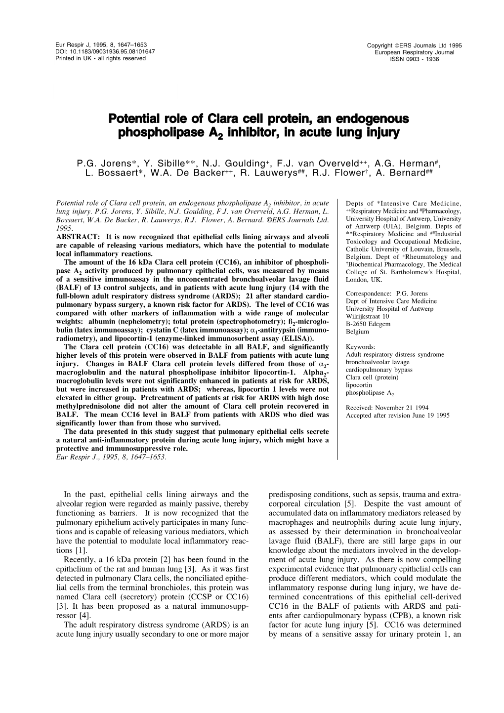 Potential Role of Clara Cell Protein, an Endogenous Phospholipase A2 Inhibitor, in Acute Lung Injury