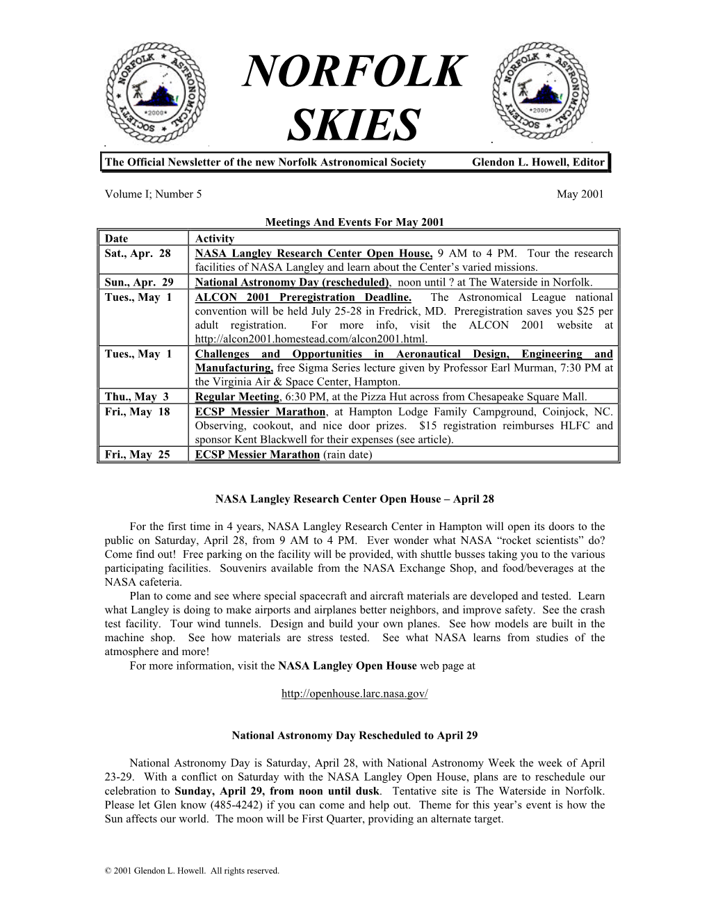 NORFOLK SKIES NAS Logo NAS Logo the Official Newsletter of the New Norfolk Astronomical Society Glendon L