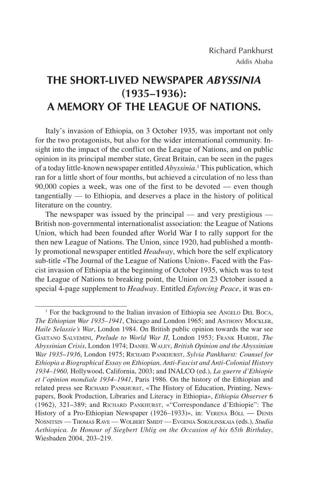 The Short-Lived Newspaper Abyssinia (1935Ñ1936): a Memory of the League of Nations