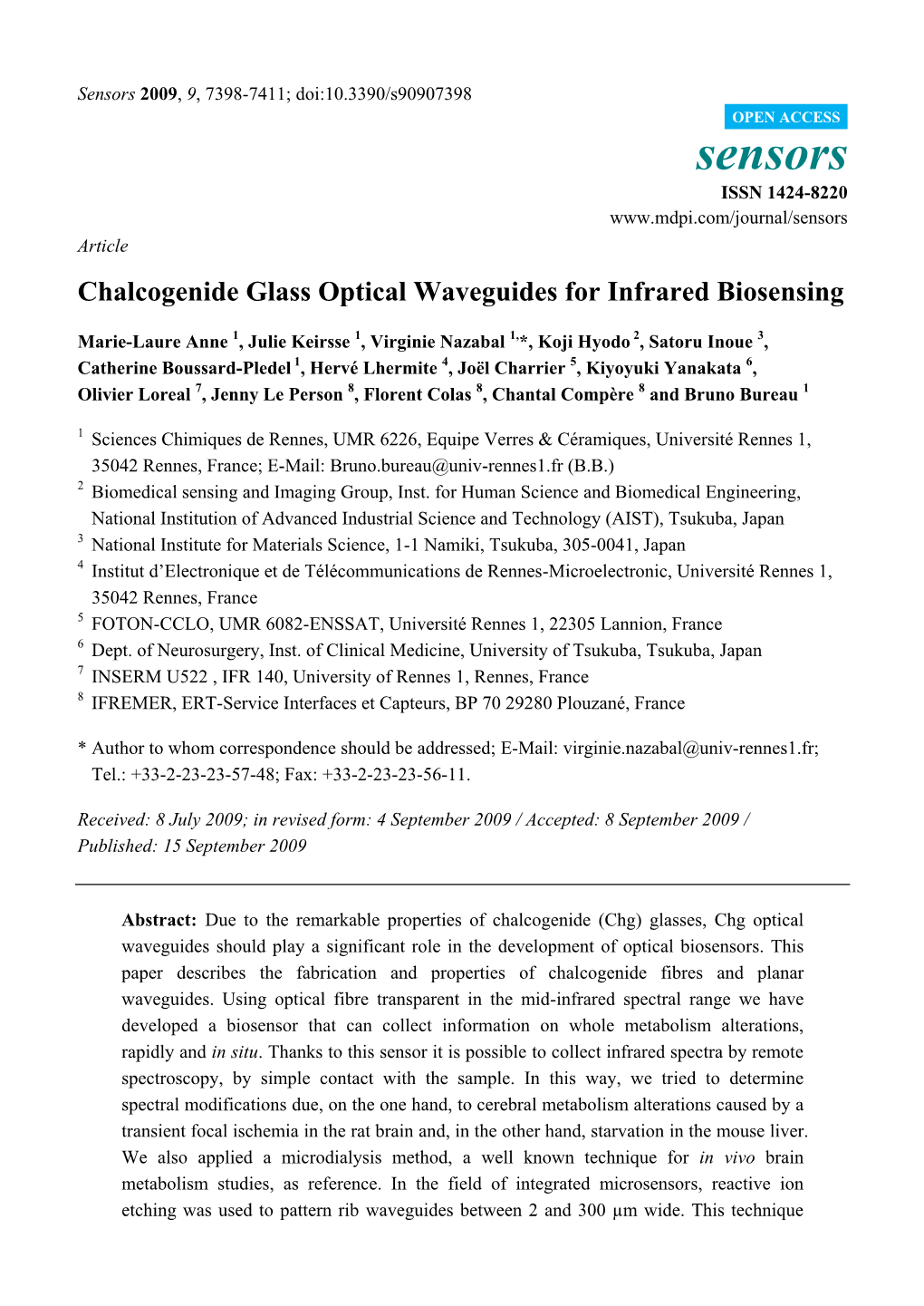 Chalcogenide Glass Optical Waveguides for Infrared Biosensing