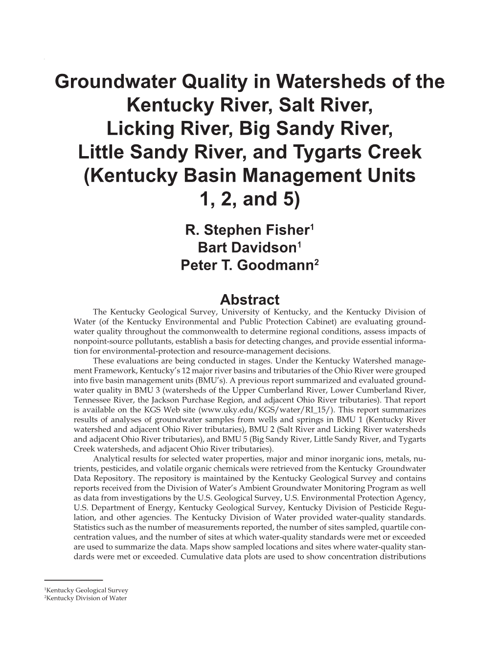 Groundwater Quality in Watersheds of the Kentucky River, Salt River, Licking River, Big Sandy River, Little Sandy River, And