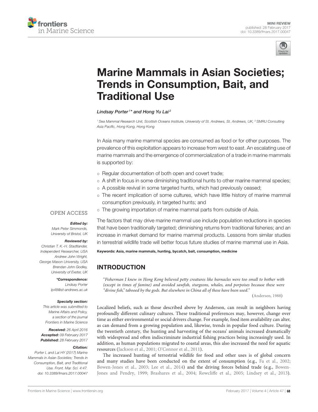 Marine Mammals in Asian Societies; Trends in Consumption, Bait, and Traditional Use