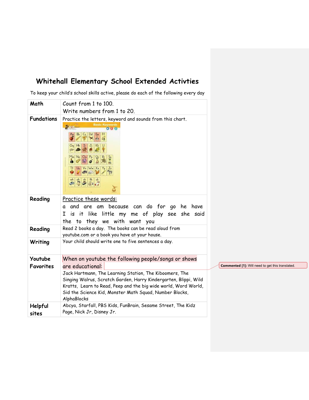 Whitehall Elementary School Extended Activties