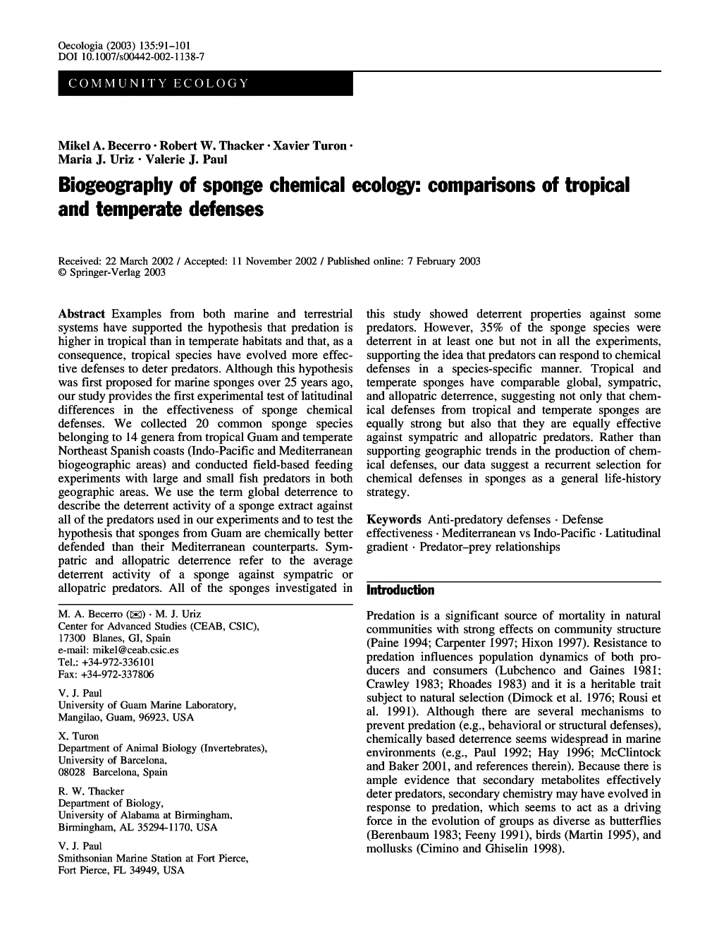 Biogeography of Sponge Chemical Ecology: Comparisons of Tropical and Temperate Defenses