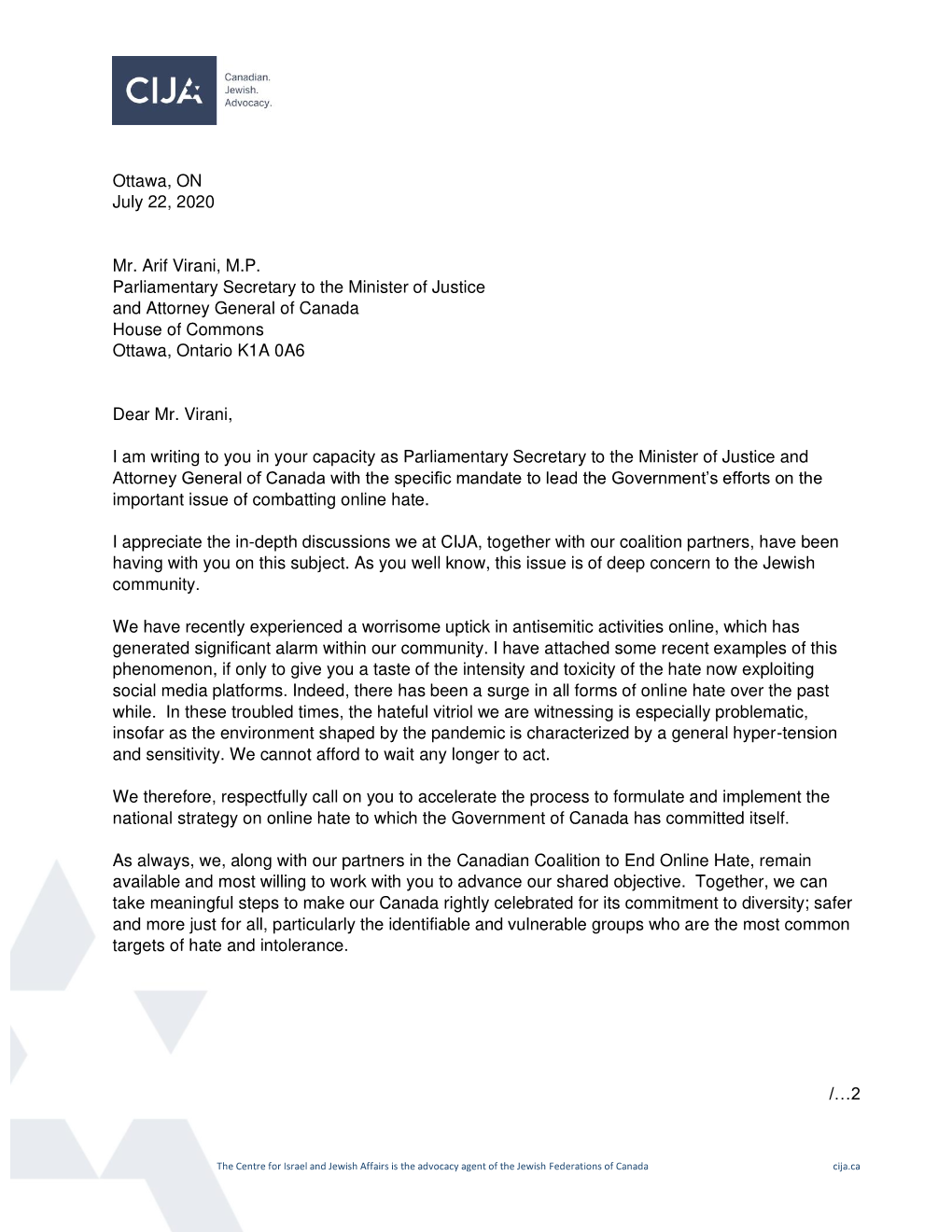 Letter to Parliamentary Secretary Arif Virani