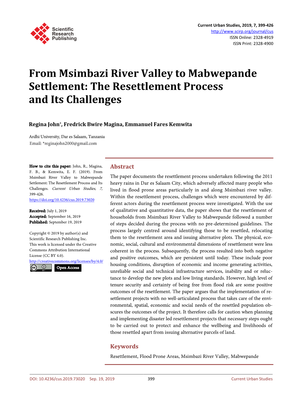 From Msimbazi River Valley to Mabwepande Settlement: the Resettlement Process and Its Challenges