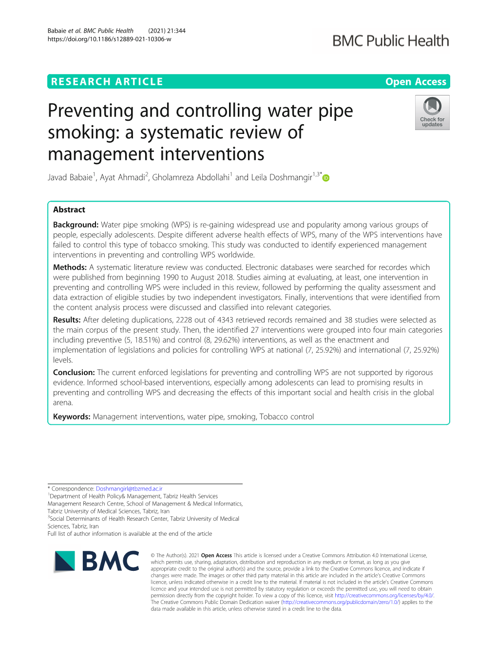 Preventing and Controlling Water Pipe Smoking