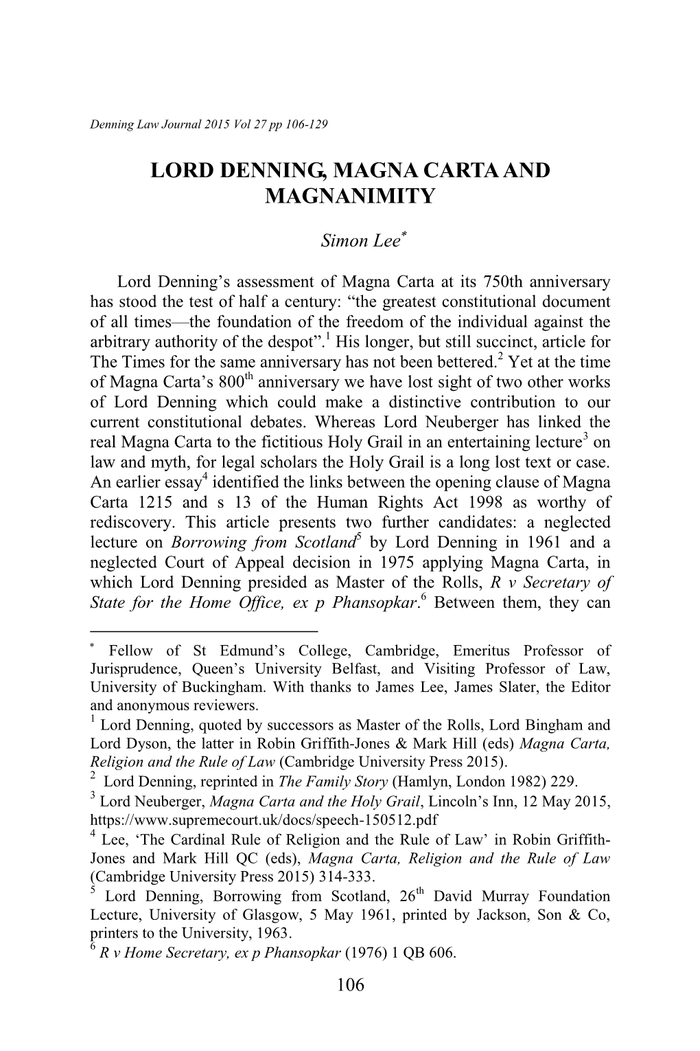 Lord Denning, Magna Carta and Magnanimity