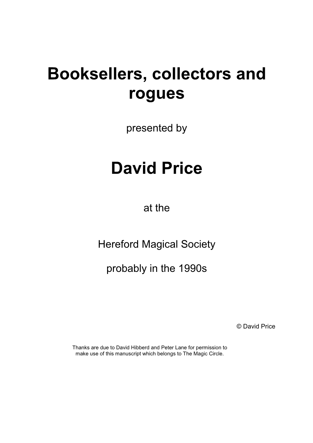 Booksellers, Collectors and Rogues David Price