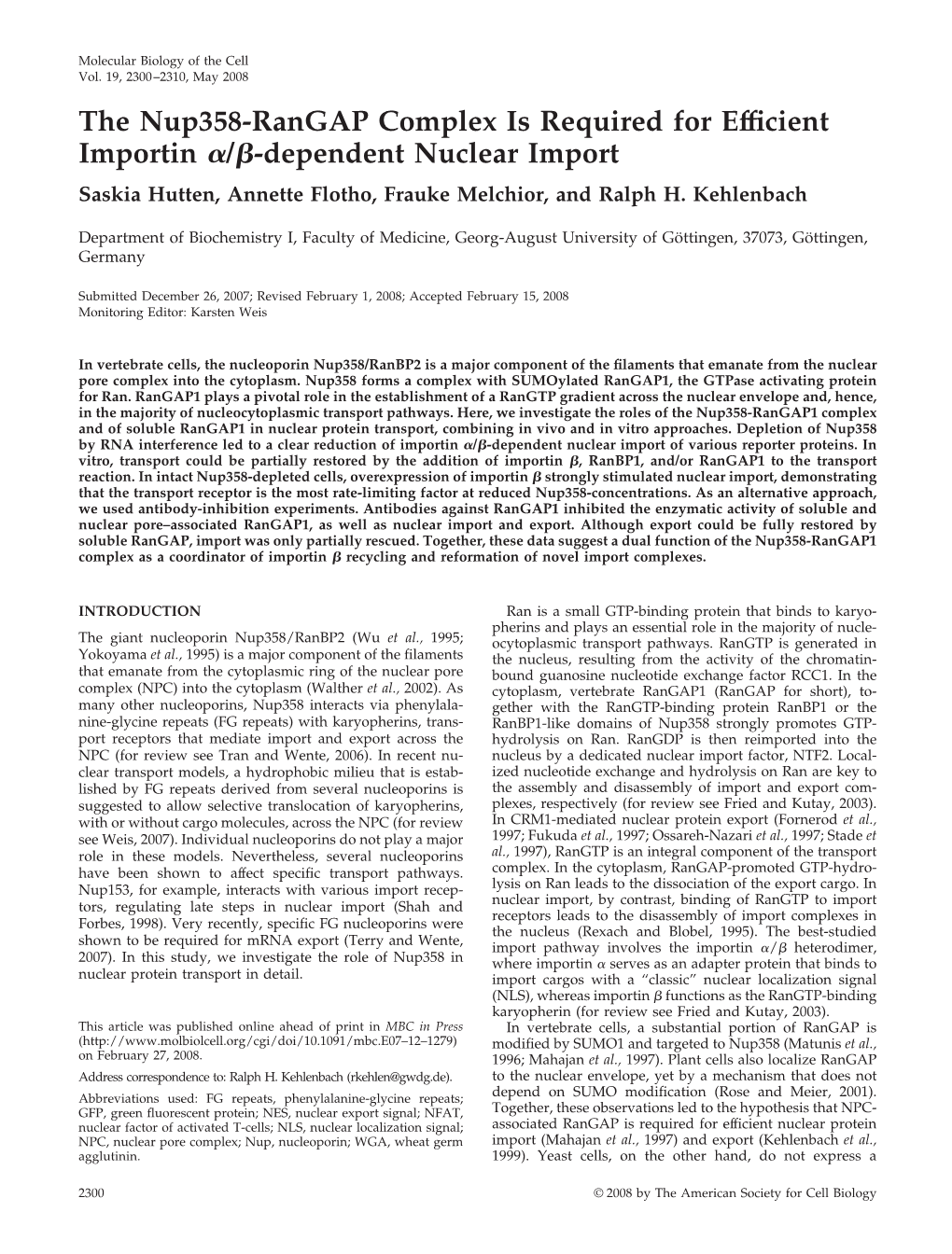 The Nup358-Rangap Complex Is Required for Efficient Importin