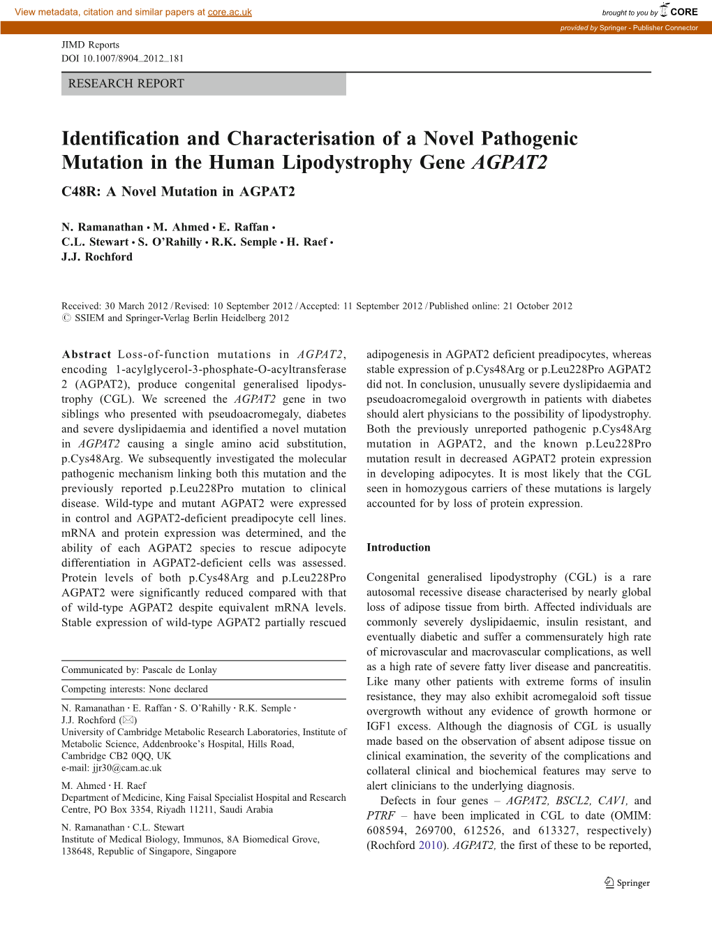 Identification and Characterisation of a Novel Pathogenic Mutation in the Human Lipodystrophy Gene AGPAT2 C48R: a Novel Mutation in AGPAT2