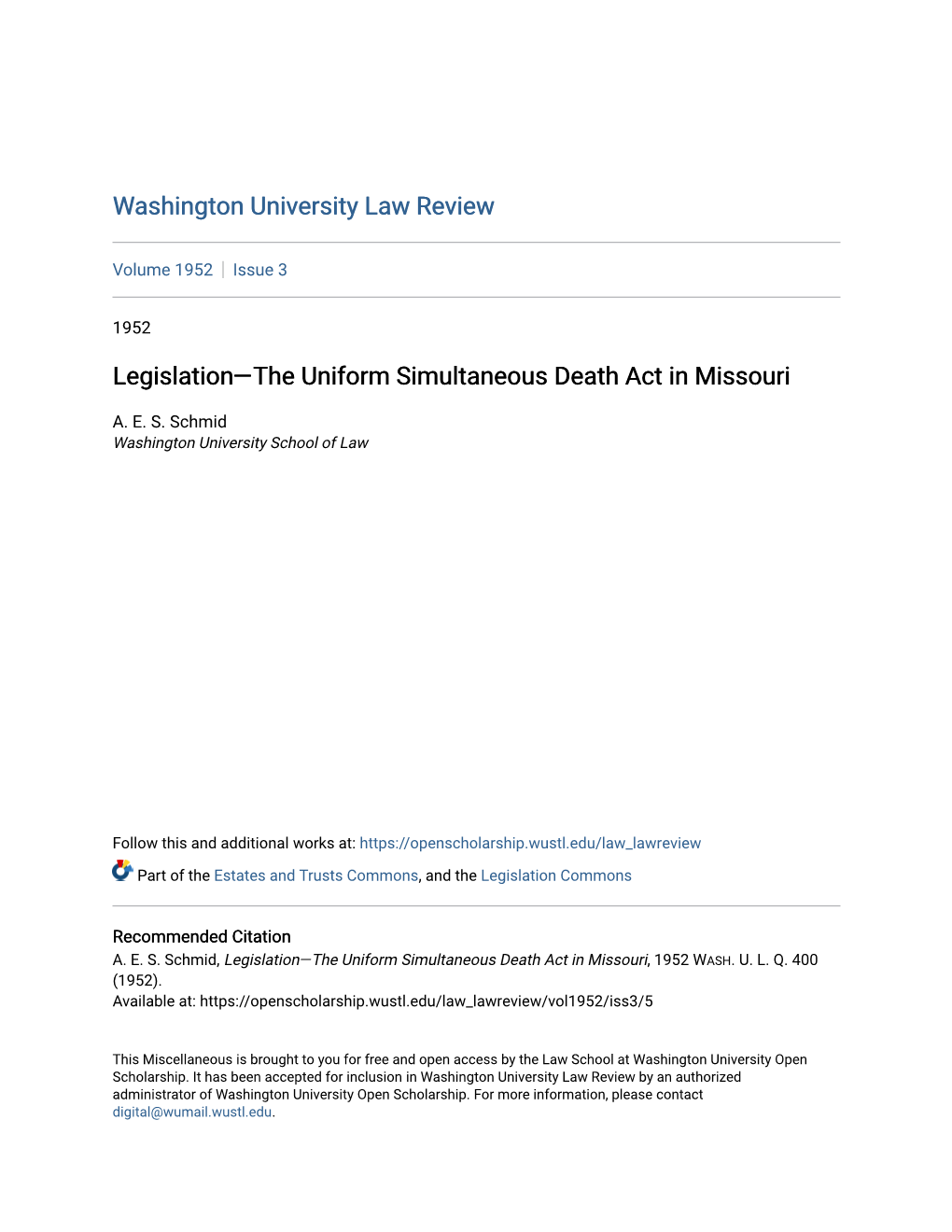 Legislationâ•Flthe Uniform Simultaneous Death Act in Missouri