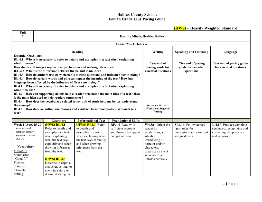 Fourth Grade ELA Pacing Guide