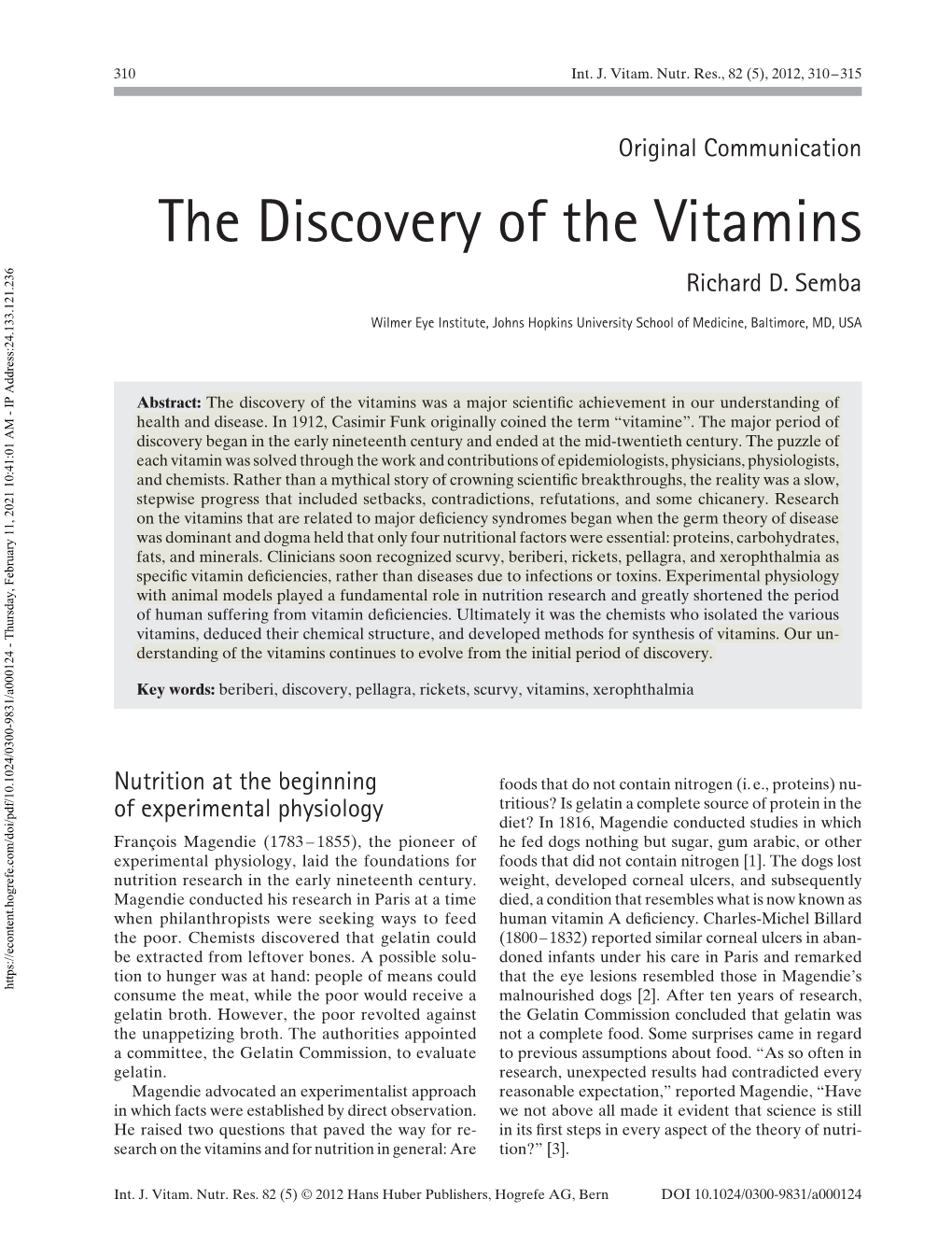 The Discovery of the Vitamins Richard D