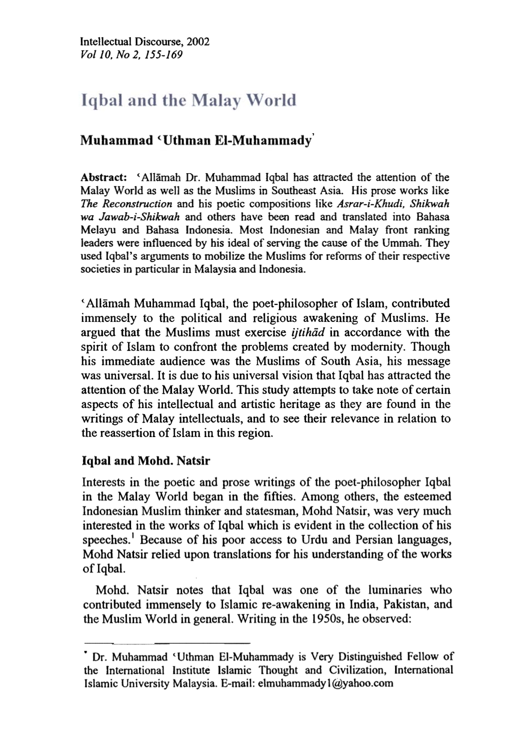 Uthman EI-Muhammady' (Allamah Muhammad Iqbal, the Poet