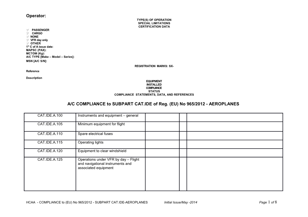 Statement of Compliance Form with Jar-Ops 1 Sub-Part K and L For