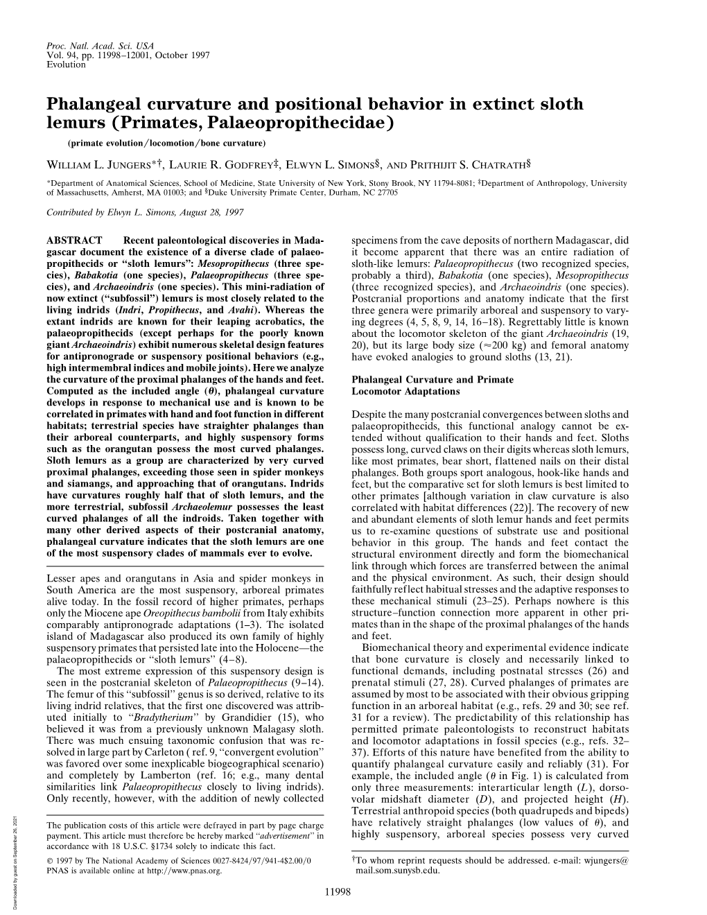 Phalangeal Curvature and Positional Behavior in Extinct Sloth Lemurs (Primates, Palaeopropithecidae) (Primate Evolution͞locomotion͞bone Curvature)