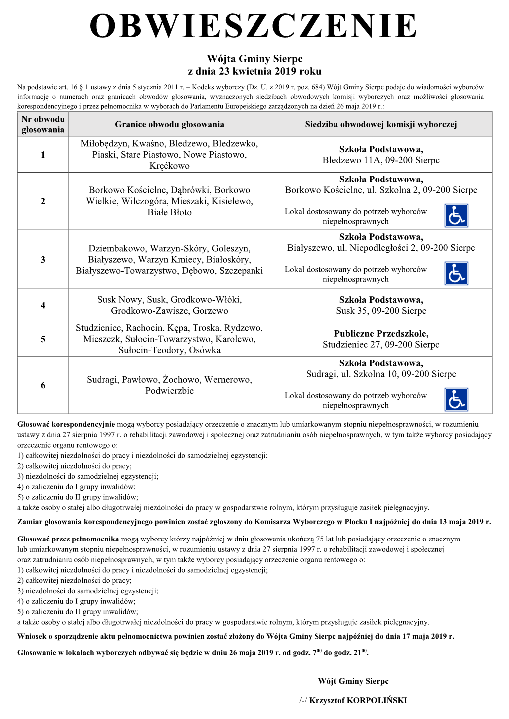 OBWIESZCZENIE Wójta Gminy Sierpc Z Dnia 23 Kwietnia 2019 Roku