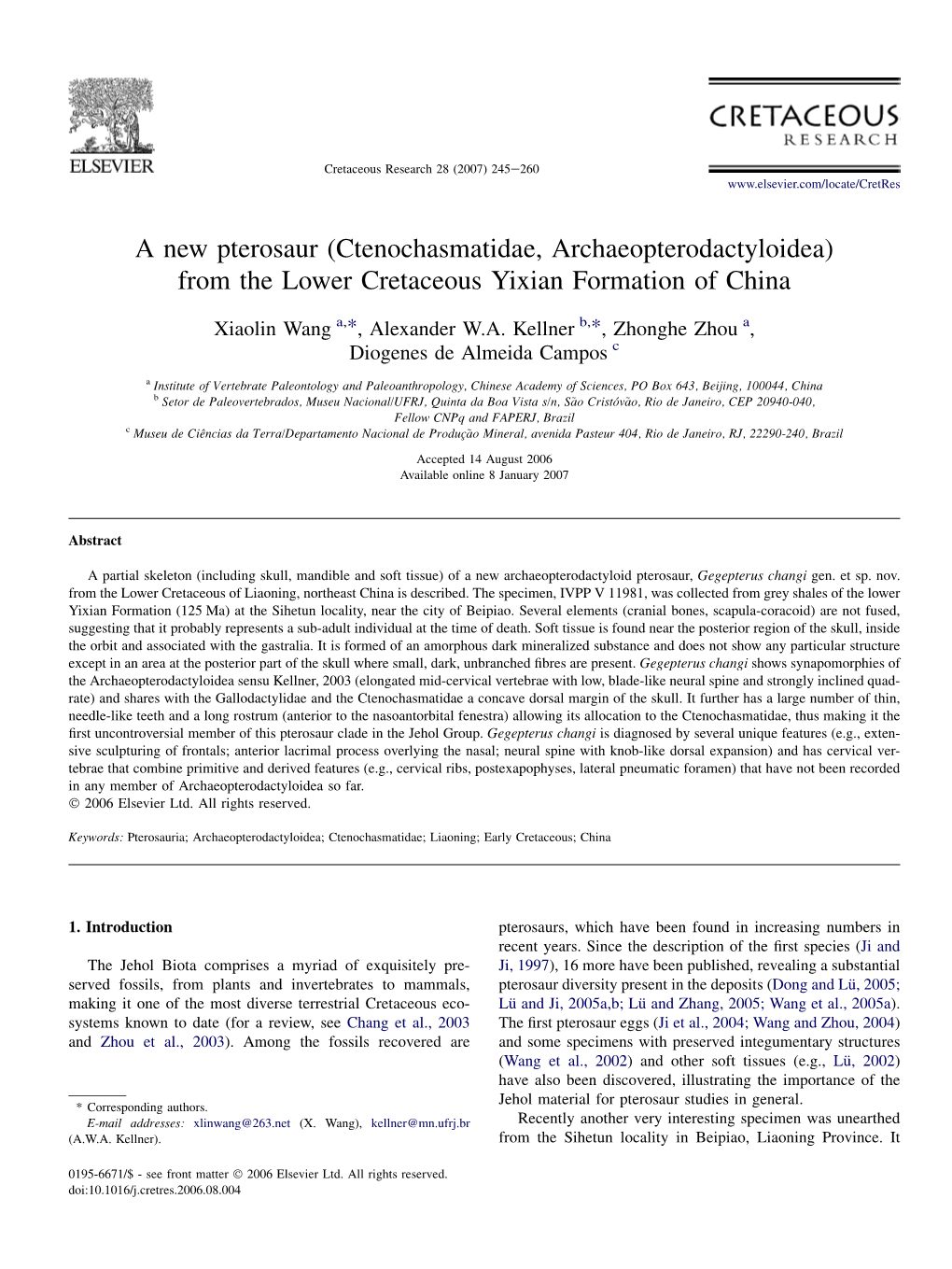 A New Pterosaur (Ctenochasmatidae, Archaeopterodactyloidea) from the Lower Cretaceous Yixian Formation of China