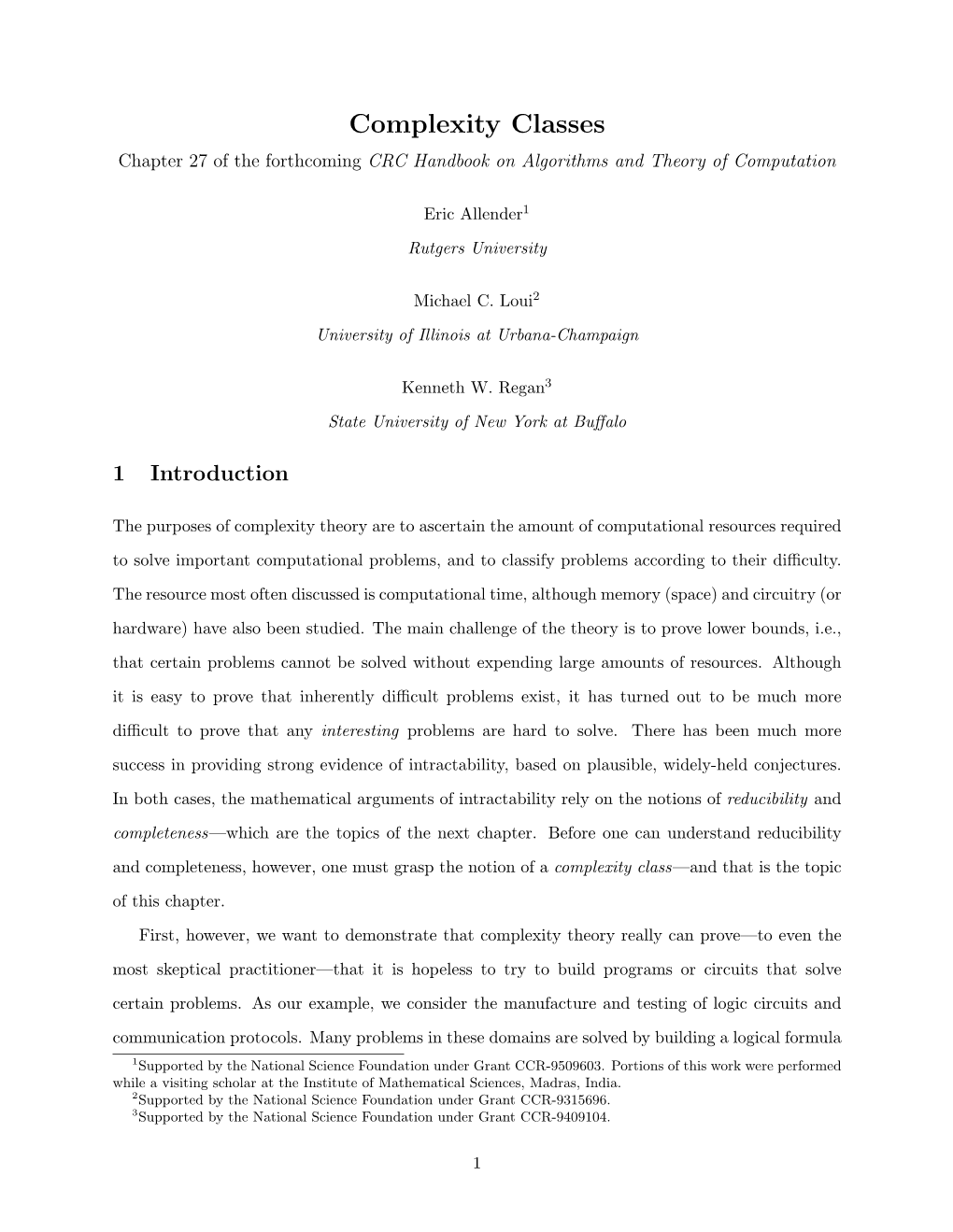 Complexity Classes Chapter 27 of the Forthcoming CRC Handbook on Algorithms and Theory of Computation