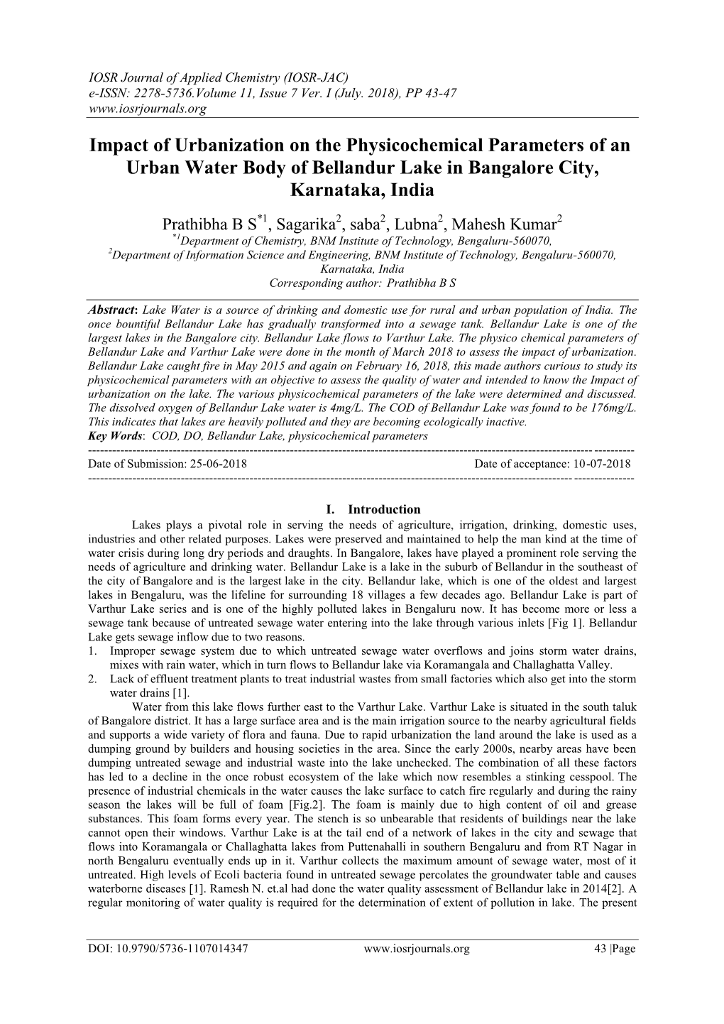 Impact of Urbanization on the Physicochemical Parameters of an Urban Water Body of Bellandur Lake in Bangalore City, Karnataka, India