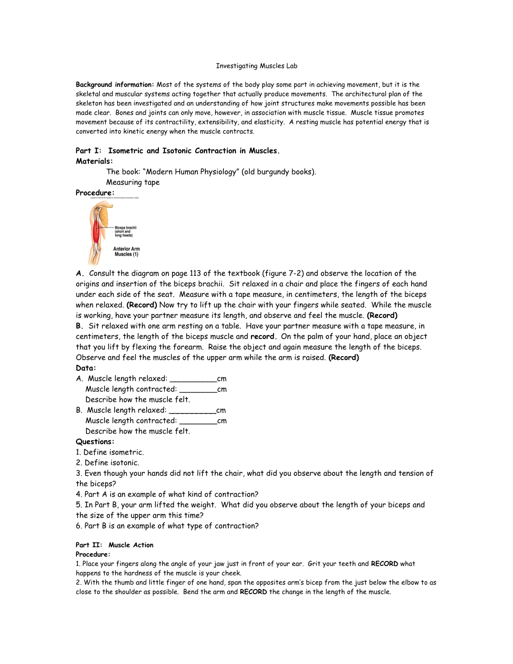 Part I: Isometric and Isotonic Contraction in Muscles