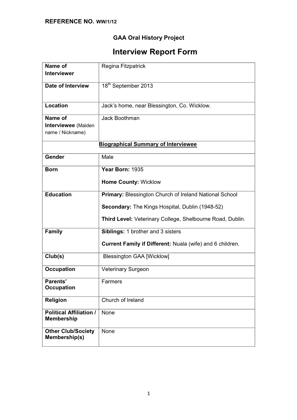 GAA Oral History Project Interview Report Form