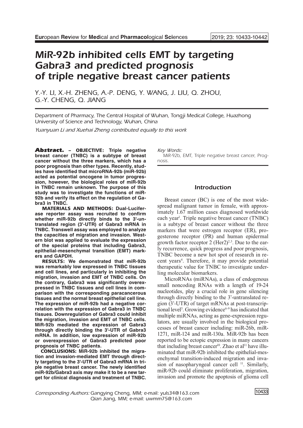 Mir-92B Inhibited Cells EMT by Targeting Gabra3 and Predicted Prognosis of Triple Negative Breast Cancer Patients
