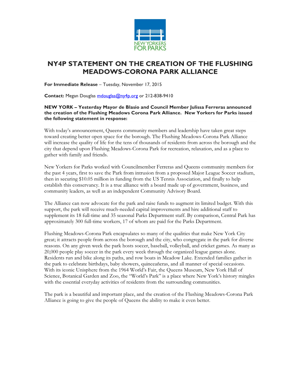 Ny4p Statement on the Creation of the Flushing Meadows-Corona Park Alliance