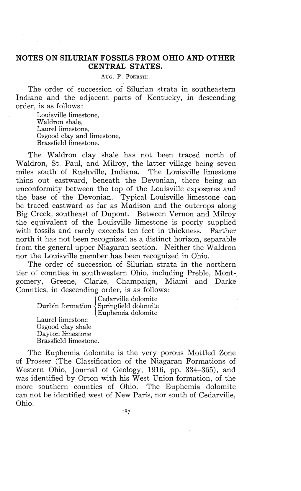 Notes on Silurian Fossils from Ohio and Other Central States