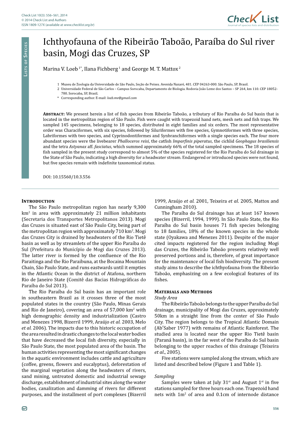 Chec List Ichthyofauna of the Ribeirão Taboão, Paraíba Do Sul River Basin