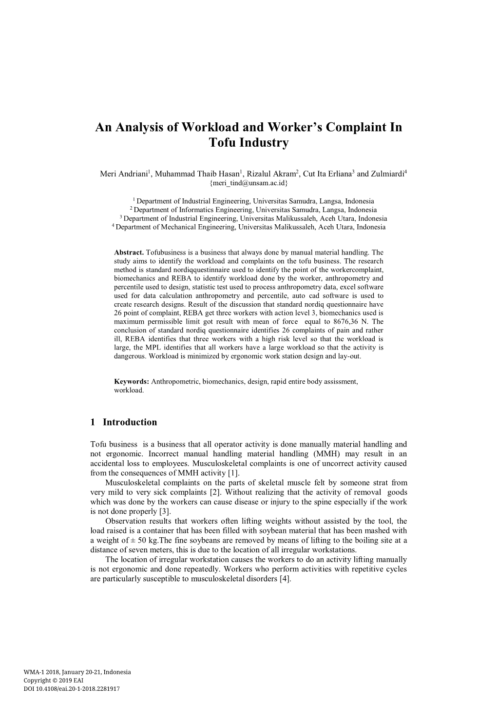 An Analysis of Workload and Worker's Complaint in Tofu Industry