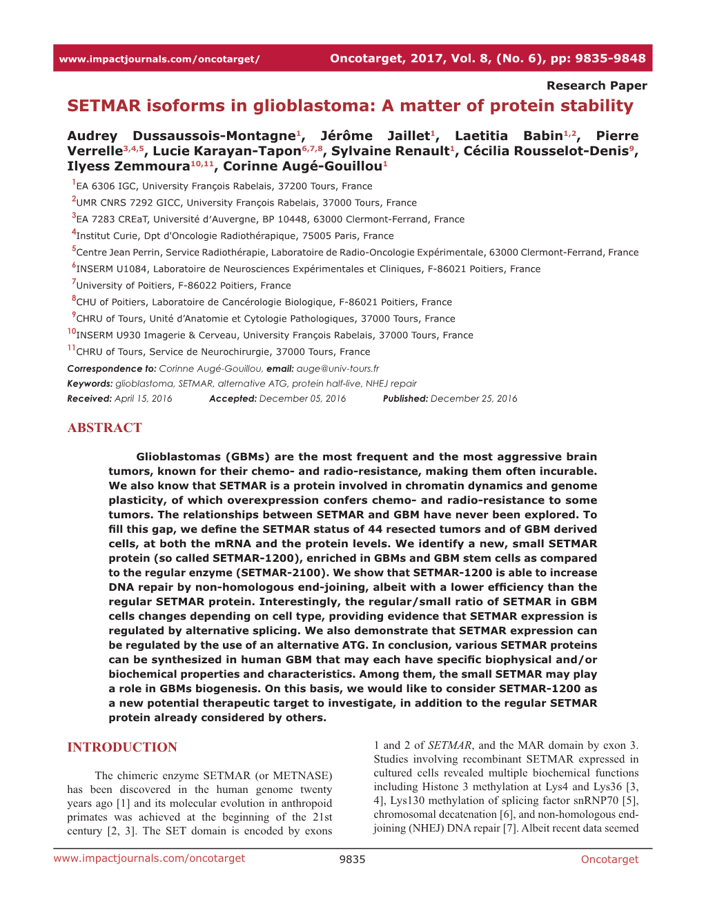 SETMAR Isoforms in Glioblastoma: a Matter of Protein Stability