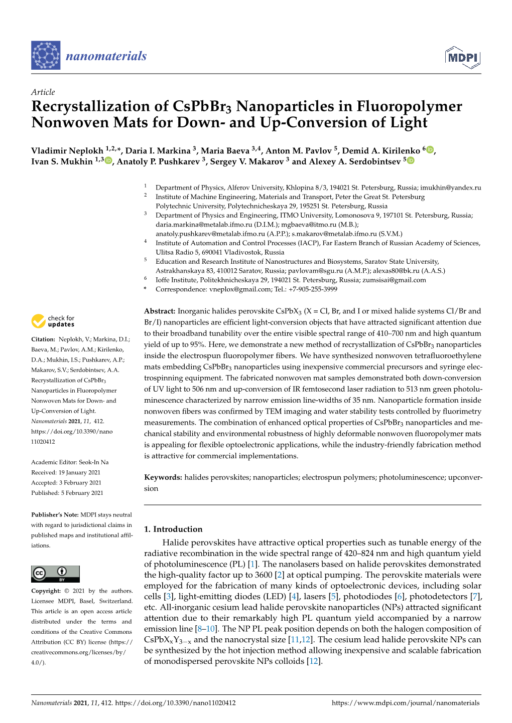 Recrystallization of Cspbbr3 Nanoparticles in Fluoropolymer Nonwoven Mats for Down- and Up-Conversion of Light