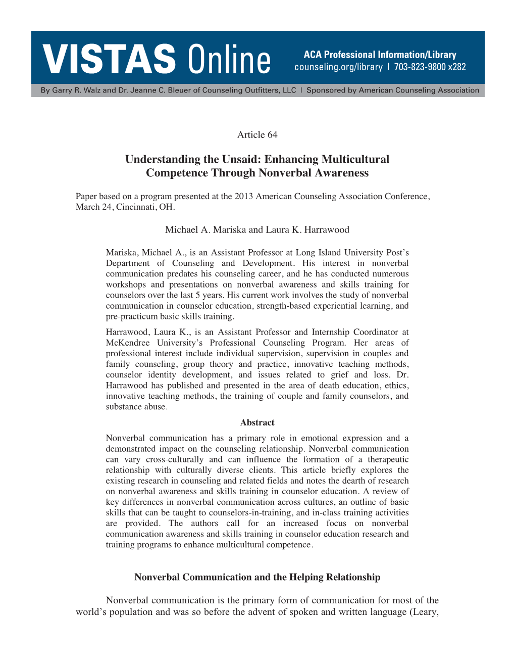 Enhancing Multicultural Competence Through Nonverbal Awareness