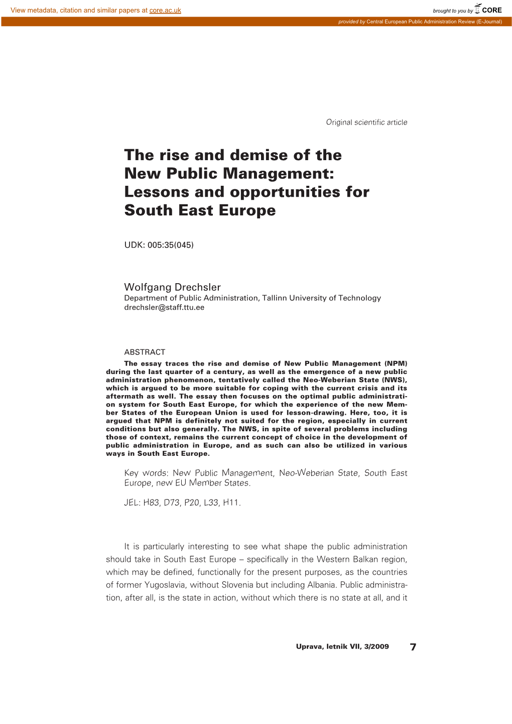 The Rise and Demise of the New Public Management: Lessons and Opportunities for South East Europe