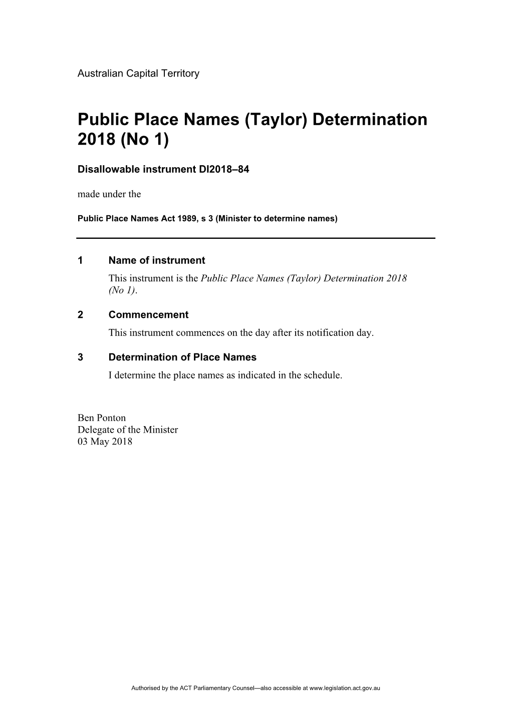 Public Place Names (Taylor) Determination 2018 (No 1)