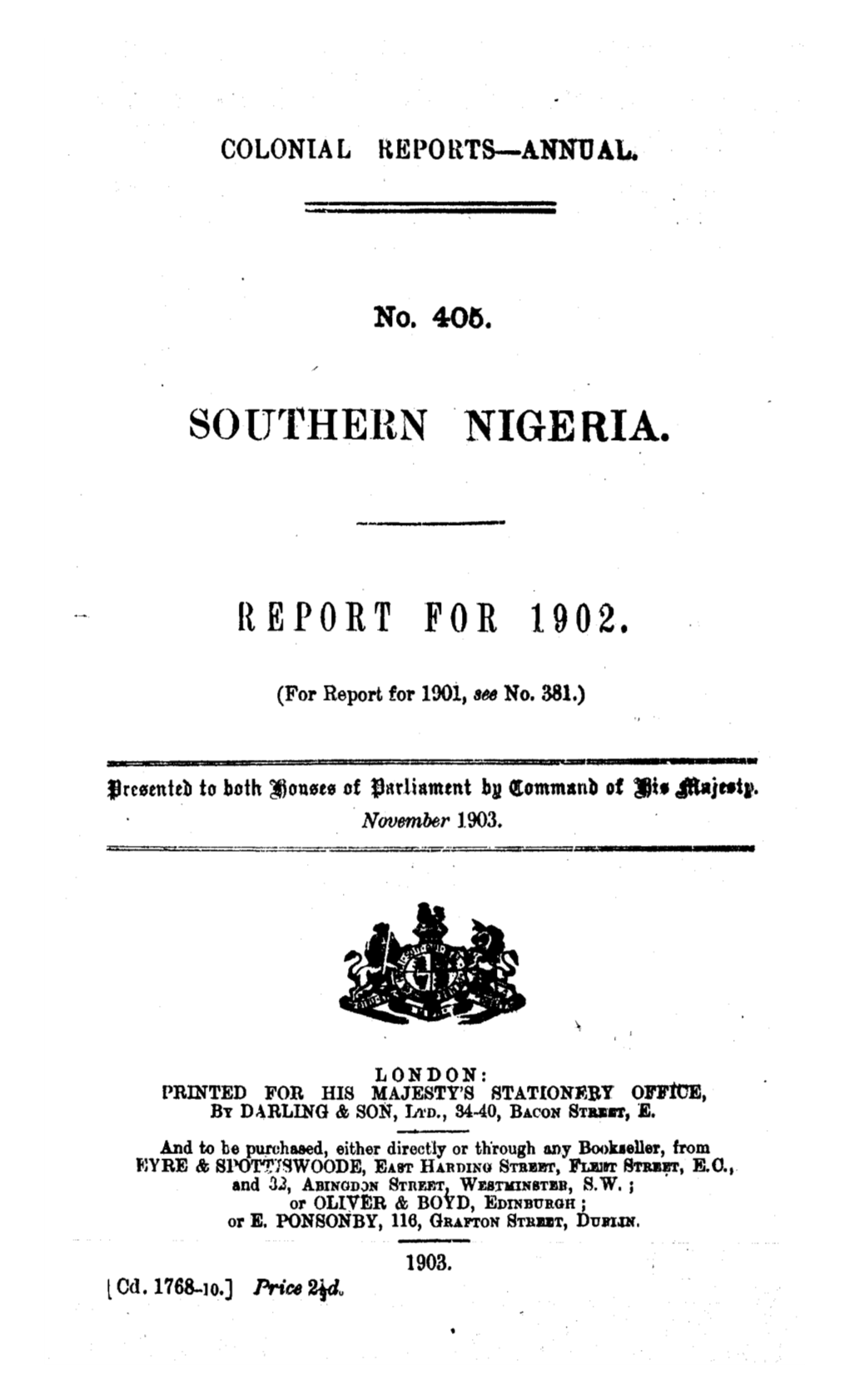 Annual Report of the Colonies, Southern Nigeria, 1902